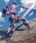  cloud dual_wielding green_eyes highres holding holding_sword holding_weapon looking_down mecha moyashi_(karamisouma) original robot sliding standing sword weapon 