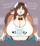  abby_(jwinkz) absurd_res anthro bovid bovine breasts cattle cleavage clothed clothing cowbell dialogue female hair hi_res jwinkz mammal milk solo 