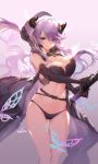  1girl alternate_costume bare_shoulders bikini black_bikini black_gloves blue_eyes breasts bug butterfly cape cleavage commentary_request demon_horns draph elbow_gloves gloves gradient gradient_background granblue_fantasy hair_over_one_eye highres holding holding_sword holding_weapon horns insect large_breasts lavender_hair long_hair narmaya_(granblue_fantasy) pointy_ears purple_background purple_hair sleeveless swd3e2 swimsuit sword thighs very_long_hair weapon 