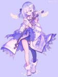  1girl ankle_boots blue_eyes blue_theme boots commentary_request flower flower_ornament hair_flower hair_ornament holding holding_staff isuzu_ren light_blue_hair magia_record:_mahou_shoujo_madoka_magica_gaiden magical_girl mahou_shoujo_madoka_magica paru_rari short_hair single_thighhigh solo staff thighhighs white_footwear 