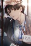  1boy bangs black_jacket brown_hair cigarette collared_shirt formal green_eyes hair_between_eyes hand_on_window ishizuekachiru jacket lanyard male_focus necktie original shirt smile smoking solo suit white_shirt 