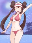  1girl :d arm_up bangs bikini breasts brown_hair cleavage closed_eyes commentary double_bun eyelashes highres idafkun long_hair medium_breasts mei_(pokemon) navel night open_mouth palm_tree pink_bikini pink_headwear pokemon pokemon_(game) pokemon_bw2 silhouette smile solo standing swimsuit tongue tree twintails two-tone_headwear very_long_hair visor_cap white_headwear 