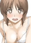  1girl blush bra breasts brown_eyes brown_hair cleavage collarbone elf_(stroll_in_the_woods) girls_und_panzer large_breasts looking_at_viewer nishizumi_miho open_mouth shiny shiny_hair shiny_skin simple_background solo sweat underwear upper_body white_background white_bra 