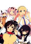  5girls :d :o absurdres asuka_(senran_kagura) bandages bangs black_hair black_ribbon blonde_hair blue_eyes blue_neckwear blue_ribbon blush breasts brown_eyes cleavage drooling eyepatch gloves green_eyes green_neckwear hair_ornament hair_ribbon hibari_(senran_kagura) highres ikaruga_(senran_kagura) jacket katsuragi_(senran_kagura) large_breasts long_hair looking_at_viewer multiple_girls necktie no_bra official_art open_clothes open_mouth open_shirt pink_hair ponytail pose red_eyes red_neckwear red_scarf ribbon scarf school_uniform senran_kagura shirt short_hair short_twintails shuriken smile sword symbol-shaped_pupils track_jacket twintails unbuttoned v vest weapon white_background white_hair white_ribbon white_shirt yaegashi_nan yagyuu_(senran_kagura) 