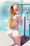  1girl alternate_hairstyle armlet ass back bangs bare_shoulders blonde_hair blush competition_swimsuit day ereshkigal_(fate/grand_order) fate/grand_order fate_(series) from_behind hair_up highleg highleg_swimsuit highres kneeling long_hair looking_at_viewer looking_back one-piece_swimsuit outdoors parted_bangs ponytail pool pool_ladder poolside red_eyes solar_(happymonk) solo swimsuit thighs wedgie 