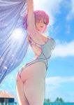  1girl absurdres armpits arms_up ass bangs blue_sky blurry blurry_background breasts cloud cloudy_sky competition_swimsuit day eyebrows_visible_through_hair fate/grand_order fate_(series) from_behind hair_over_one_eye highleg highleg_swimsuit highres holding looking_at_viewer looking_back mash_kyrielight medium_breasts one-piece_swimsuit open_mouth outdoors pink_hair purple_eyes see-through_silhouette shiny shiny_hair short_hair simple_background sky solar_(happymonk) solo sparkle standing swimsuit thighs translucent 