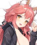  1girl animal_ears black_jacket blush breasts commentary_request fangs fate/grand_order fate_(series) fox_ears gedou_(shigure_seishin) hair_between_eyes jacket large_breasts long_sleeves looking_at_viewer lying no_bra on_side open_clothes open_jacket open_mouth pink_hair smile solo tamamo_(fate)_(all) tamamo_no_mae_(fate) 