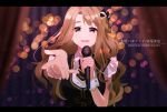 1girl black_bow black_jacket blurry blurry_background blush bokeh bow brown_hair character_name curtains depth_of_field hair_bow holding holding_microphone idol idol_clothes idolmaster idolmaster_million_live! jacket long_hair looking_at_viewer microphone miyao_miya music open_mouth red_eyes short_sleeves singing smile solo song_name takumi_(scya) thick_eyebrows upper_body 