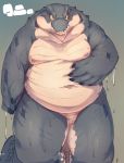  absurd_res animal_genitalia anthro belly big_belly claws cloaca crocodilian fklow genital_slit genitals hand_on_stomach hi_res male moobs navel obese overweight reptile scalie sharp_teeth simple_background slightly_chubby slit solo teeth thick_thighs wet 