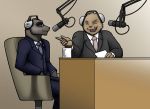  anthro beaver beverage business_suit chair clothing coffee coffee_mug desk domestic_ferret duo furniture headphones interview male mammal meesh microphone mustela mustelid musteline necktie paper rodent sitting sitting_in_chair story_at_source suit 