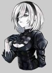  1girl absurdres bangs black_hairband blindfold breasts cleavage cleavage_cutout feather-trimmed_sleeves gloves hairband hand_up highres imuzi juliet_sleeves long_sleeves medium_breasts mole mole_under_mouth nier_(series) nier_automata parted_lips puffy_sleeves short_hair solo white_hair yorha_no._2_type_b 