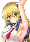  1girl arm_up armpits blazblue blazblue:_chronophantasma blonde_hair blush breasts capelet closed_mouth gloves green_eyes hair_between_eyes hair_ornament long_hair looking_at_viewer necktie noel_vermillion red_neckwear sayoi sideboob small_breasts solo sweat upper_body white_gloves 