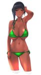  1girl adjusting_hair armpits bikini black_hair blush breasts cleavage dark_skin embarrassed goshiki_suzu green_bikini highres huge_breasts original red_eyes solo swimsuit wading water 