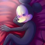  1:1 anthro bed black_body black_fur blue_eyes blush disney fur furniture jackybunnybun looking_at_viewer male mickey_mouse on_bed solo 