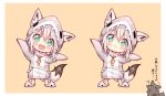  +_+ 1girl :3 :d alternate_costume animal_ear_fluff animal_ears animal_slippers aqua_eyes artist_name artist_self-insert blush braid chibi commentary earrings fangs fox_ears fox_tail full_body hand_on_own_chin head_tilt hololive jewelry looking_at_viewer maneater_(game) multiple_views open_mouth pink_background shark_costume shark_hood shirakami_fubuki side_braid silver_hair simple_background slippers smile sparkling_eyes squiggle standing sukemyon sweatdrop tail translated virtual_youtuber 