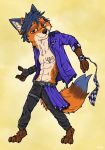  3_toes 4_fingers anthro bad_guy_cafe blue_hair brown_body brown_eyes brown_fur canid canine dancing fingers fox fur hair hi_res male mammal neff_(smneff) orange_body orange_fur scar solo tattoo toes ziegelzeig 