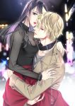  1boy 1girl black_shirt blonde_hair blue_eyes breasts carrying chain grey_shirt hetero jacket long_sleeves looking_at_viewer medium_breasts nayuta/iho neck_belt night original outdoors parted_lips purple_eyes purple_hair red_skirt shirt skirt standing 