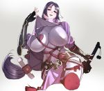  1girl absurdres armor bangs black_gloves blush bodysuit breasts cleavage curvy fate/grand_order fate_(series) fingerless_gloves gloves grey_background highres huge_breasts japanese_armor katana kote loincloth long_hair looking_at_viewer low-tied_long_hair minamoto_no_raikou_(fate/grand_order) naze open_mouth parted_bangs purple_bodysuit purple_eyes purple_hair ribbed_sleeves rope sandals smile solo suneate sword tabard very_long_hair weapon 