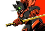  anthro black_body black_fur bodily_fluids cape cartoon_network clothing crying digitigrade domestic_cat felid feline felis fur green_eyes hi_res katana male mammal mao_mao:_heroes_of_pure_heart melee_weapon red_clothing sheriff_mao_mao_mao solo sword tears vetiver_n weapon 