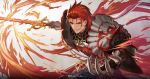  1boy absurdres armor fire gauntlets granblue_fantasy highres holding holding_sword holding_weapon injury male_focus pauldrons percival_(granblue_fantasy) red_eyes red_hair saku_(sakudeji) shoulder_armor simple_background smile solo sword weapon 
