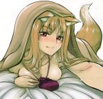  1girl absurdres animal_ear_fluff animal_ears blanket breasts brown_hair fang highres holo jewelry koume_keito long_hair lying medium_breasts necklace nude on_stomach pouch reaching red_eyes resized spice_and_wolf tail third-party_edit under_covers upscaled wolf_ears wolf_girl wolf_tail 