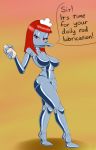  anatid anseriform anthro avian billboi bird breasts dialogue duck ducktales english_text featureless_breasts female gradient_background hair hi_res looking_at_viewer machine maid_headdress non-mammal_breasts oil red_eyes red_hair robot robotica seductive simple_background solo text 