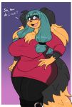  anthro big_breasts blush breasts canid canine canis clothed clothing dialogue domestic_dog english_text eyewear female glasses hi_res jwinkz mammal simple_background solo text thick_thighs zoey_(jwinkz) 