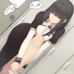  1girl black_hair breasts brown_eyes commentary_request dress eyebrows_visible_through_hair hime_cut locker locker_room long_hair long_sleeves original solo sts white_legwear 