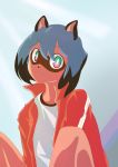  2020 anthro black_hair blue_body blue_eyes blue_fur blue_hair brand_new_animal brown_body brown_fur canid canine clothed clothing female fur hair hi_res humanoid_face jacket looking_at_viewer mammal michiru_kagemori multicolored_hair raccoon_dog studio_trigger suke007_nya tanuki topwear 