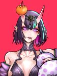  1girl absurdres bangs bare_shoulders bob_cut breasts bridal_gauntlets collarbone ear_piercing eyeliner fate/grand_order fate_(series) food fruit gourd headpiece highres horns japanese_clothes kimono long_sleeves looking_at_viewer makeup mandarin_orange medium_breasts off_shoulder oni oni_horns piercing pointy_ears purple_eyes purple_hair purple_kimono red_background revealing_clothes sailen0 short_eyebrows short_hair shuten_douji_(fate/grand_order) skin-covered_horns smile tongue tongue_out 