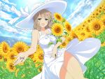  1girl :d bangs blonde_hair blush breasts cleavage cloud cloudy_sky day dress dutch_angle field flower flower_field green_eyes haruka_(senran_kagura) hat highres holding holding_flower large_breasts looking_at_viewer mountain official_art open_mouth ribbon seed senran_kagura senran_kagura_new_link short_hair sky smile solo sunflower sunflower_seed swept_bangs white_dress white_headwear white_ribbon wind yaegashi_nan 