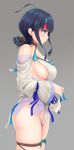  1girl bangs bare_shoulders black_hair blue_eyes blue_ribbon blush breasts dress dress_lift duzimura fate/grand_order fate/requiem fate_(series) fundoshi grey_background highres japanese_clothes jewelry large_breasts long_sleeves looking_to_the_side magatama magatama_hair_ornament medium_hair multicolored_hair necklace pelvic_curtain pink_hair profile puffy_long_sleeves puffy_sleeves ribbon short_dress sideboob sideless_outfit streaked_hair thighs utsumi_erise white_dress 