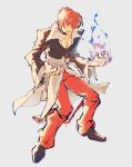  1boy akiyoku collar fire jacket pants purple_fire pyrokinesis red_hair red_pants simple_background solo tagme the_king_of_fighters yagami_iori 