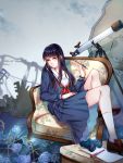  1girl binoculars black_hair blue_eyes blue_skirt brown_footwear chair copyright_request flower footrest highres holding holding_pen long_hair long_sleeves looking_at_viewer outdoors parted_lips pen rong_nage_rong school_uniform sitting skirt solo telescope uniform 