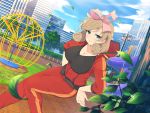  bangs black_shirt blonde_hair blue_sky blush bow breasts building bush city cityscape cleavage cloud cloudy_sky day flower green_eyes hair_bow hands_on_hips haruka_(senran_kagura) highres jungle_gym lamppost large_breasts leaf looking_at_viewer official_art orange_stripes pavement pink_bow plant playground red_hoodie red_track_suit senran_kagura senran_kagura_new_link shirt short_hair sky slide smile swept_bangs tree waifu2x window yaegashi_nan 