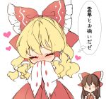  2girls :d bangs blonde_hair blush bow brown_hair chibi closed_eyes cosplay covered_mouth detached_sleeves facing_viewer hair_between_eyes hair_bow hair_tubes hakurei_reimu hakurei_reimu_(cosplay) hands_in_opposite_sleeves heart kirisame_marisa long_hair matching_outfit multiple_girls no_eyes nontraditional_miko open_mouth piyokichi red_bow red_skirt ribbon ribbon-trimmed_sleeves ribbon_trim shide sidelocks simple_background sketch skirt smile thought_bubble touhou translation_request white_background 