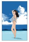  1girl bare_legs black_hair blue_sky breasts closed_eyes closed_mouth cloud cloudy_sky day edoya_inuhachi from_side grey_swimsuit hand_on_forehead hand_on_own_head highres long_hair medium_breasts ocean one-piece_swimsuit original outdoors profile sky solo straight_hair swimsuit thighs wading 