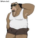  2020 anthro belly bottomwear brown_body brown_fur bulge clothing eyewear fur hagom male mammal overweight overweight_male shirt shorts simple_background solo sunglasses topwear ursid white_background 