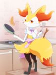  3:4 ambiguous_gender anthro apron apron_only black_body black_fur blush braixen canid canine cheek_tuft clothing cookware detailed_background digitigrade dipstick_tail facial_tuft fire food frying_pan fur inner_ear_fluff inside kemonobito kitchen kitchen_utensils looking_at_viewer looking_back mammal mostly_nude multicolored_body multicolored_fur multicolored_tail nintendo pancake pok&eacute;mon pok&eacute;mon_(species) purple_apron rear_view red_body red_eyes red_fur red_nose shaded slit_pupils solo spatula standing stick stove tools tuft video_games white_body white_fur yellow_body yellow_fur 