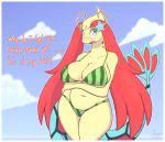  absurd_res antennae_(anatomy) anthro big_breasts bikini border breast_freckles breasts cleavage clothed clothing curvy_figure dialogue female food freckles fruit green_eyes hair hi_res huge_breasts mammal marine melon mila_(snackbunnii) milotic nintendo open_mouth plant pok&eacute;mon pok&eacute;mon_(species) sea snackbunnii solo swimwear text video_games water white_border 