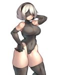  1girl arm_behind_head black_blindfold black_hairband black_legwear black_leotard blindfold breasts covered_eyes covered_navel elbow_gloves embarrassed frown gloves hairband highleg highleg_leotard highres kelvin_hiu large_breasts leotard nier_(series) nier_automata short_hair silver_hair skindentation solo standing thick_thighs thighhighs thighs turtleneck_leotard white_background yorha_no._2_type_b 
