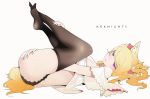  1girl animal_ears arknights ass between_legs black_legwear black_panties blonde_hair blush bow breasts copyright_name dress frilled_panties frills hair_bow hair_ribbon half-closed_eyes hand_between_legs hand_on_own_ass hand_on_own_leg highres knees_up looking_at_viewer lying medium_breasts on_back open_mouth panties pantyhose red_bow red_eyes red_ribbon ribbon shinnasuka025 simple_background solo sora_(arknights) tail twintails underwear white_background white_dress wolf_ears wolf_tail 