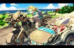  2boys blonde_hair blue_shirt blue_sky bush cloud dust_cloud goggles grin ground_vehicle hawaiian_shirt link motor_vehicle motorcycle multiple_boys ocean pointy_ears robbie_(zelda) sandals shirt shorts sidecar sky smile tetora_(ttr2011) the_legend_of_zelda the_legend_of_zelda:_breath_of_the_wild white_hair 