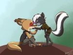  4:3 ake&#039;cheta_(knoton13) anthro bad_guy_cafe black_body black_fur canid canine canis chibi couple_(disambiguation) coyote duo female fur hi_res male mammal mephitid nami_vianna roxxie_elwyn_(akecheta) sand_fur skunk 