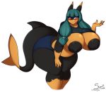  2019 absurd_res anthro areola belly big_breasts blue_eyes blush bottomwear breasts canid canine canis clothing crop_top denim denim_clothing domestic_dog eyewear fangs female fish glasses green_hair hair hi_res huge_areola huge_breasts huge_thighs hybrid mammal marine overweight shark shirt shorts solo superix thick_thighs topwear zoey_(jwinkz) 