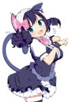  1girl animal_ear_fluff animal_ears aqua_eyes blush bow cat_ears cat_tail curly_hair cyan_(show_by_rock!!) dress fang frilled_bracelet frilled_shirt_collar frilled_skirt frilled_sleeves frills hair_ornament looking_at_viewer maid_headdress open_mouth paw_pose purple_dress purple_hair ringlets show_by_rock!! simple_background skirt smile solo tail thighhighs tottotonero 
