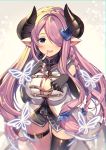  1girl black_gloves blue_eyes braid breasts bug butterfly cleavage draph fang finger_to_mouth garter_belt gloves granblue_fantasy hair_ornament hair_over_one_eye homaderi horns insect large_breasts lavender_hair long_hair looking_at_viewer narmaya_(granblue_fantasy) pointy_ears sleeveless solo thighhighs very_long_hair 