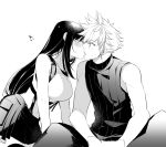 1boy 1girl bare_arms black_hair blonde_hair blush breasts closed_eyes cloud_strife final_fantasy final_fantasy_vii final_fantasy_vii_remake highres kiss large_breasts leaning_forward long_hair midriff monochrome muscle sitting skirt sports_bra surprise_kiss surprised tank_top thighhighs tifa_lockhart uniform white_background 
