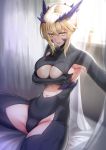  1girl absurdres arm_under_breasts armpit_cutout armpits artoria_pendragon_(all) artoria_pendragon_(lancer_alter) backlighting bangs black_bodysuit blonde_hair bodysuit braid breasts center_opening curtains dark_persona fate/grand_order fate_(series) french_braid hair_between_eyes highres horns large_breasts long_hair navel open_mouth revealing_clothes revision ribbed_bodysuit sidelocks sitting smile solar_(happymonk) thighs underboob window yellow_eyes 