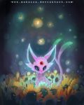  2018 ambiguous_gender big_ears black_nose blue_eyes cheek_tuft eeveelution espeon facial_tuft feral flower flower_petals fur gem mahsira nintendo petals plant pok&eacute;mon pok&eacute;mon_(species) purple_body purple_eyes purple_fur signature solo sunflower text tuft url video_games 